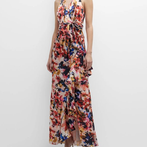 Badgley Mischka Floral Print Halter Gown with Drape Size 6 - Picture 1 of 11